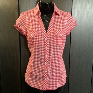 Gingham rockabilly red/white V-neck blouse XXI